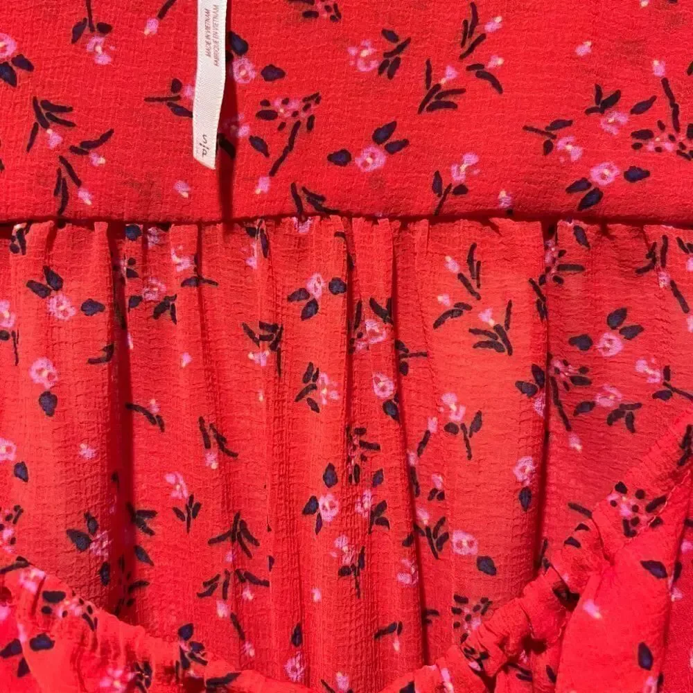 Free People Red rose Floral milk maid blouse balloon sleeves fringe cropped Sm